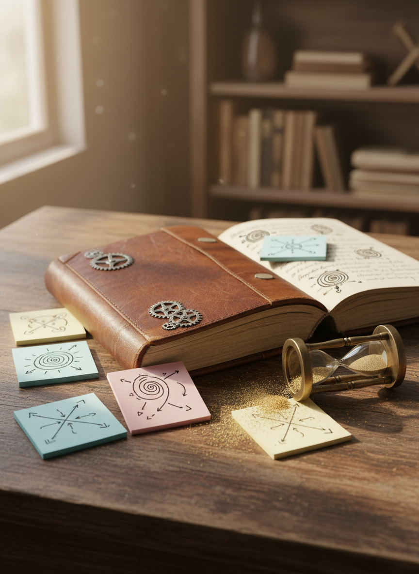 A worn, leather-bound journal embossed with tiny silver clockwork gears lies open on a wooden desk, its pages filled with neat looping handwriting and doodles of swirling time portals. Around it, scattered sticky notes in playful pastel colors show sketches of timelines crossing and colliding. A small brass hourglass tipped on its side spills fine, glittering sand across the wood. Soft morning light from an unseen window falls diagonally across the scene, creating warm highlights on the leather texture and gentle shadows under the notes. Photographic realism, shot at eye level with a shallow depth of field that blurs the distant background into cozy, sunlit bookshelves, evoking a curious, whimsical mood perfect for a time-travel story blog.