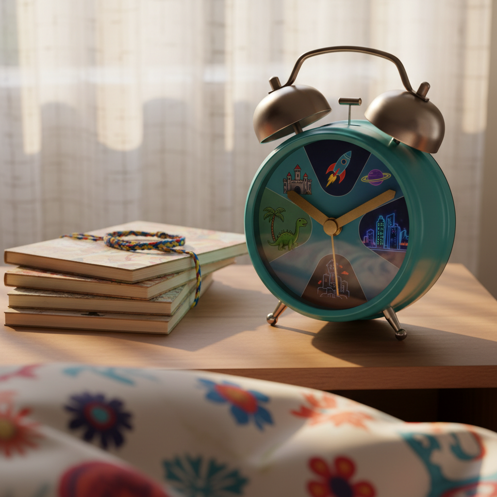 A sleek, vintage-style alarm clock with glossy turquoise enamel and oversized chrome bells sits on a nightstand, its numbers replaced by tiny illustrated eras: dinosaurs, castles, rockets, and neon cityscapes circling the face. The clock hands hover playfully between centuries. Beside it, a stack of mismatched paperback notebooks is tied with a braided friendship bracelet. Warm golden-hour light filters through gauzy curtains, reflecting softly in the clock’s curved glass and casting long, dreamy shadows across the wooden surface. Photographic realism, captured from a slightly elevated angle using the rule of thirds, with the far edge of a rumpled, brightly patterned duvet just visible and blurred, creating a cozy, playful feeling of a normal bedroom hiding impossible adventures in time.