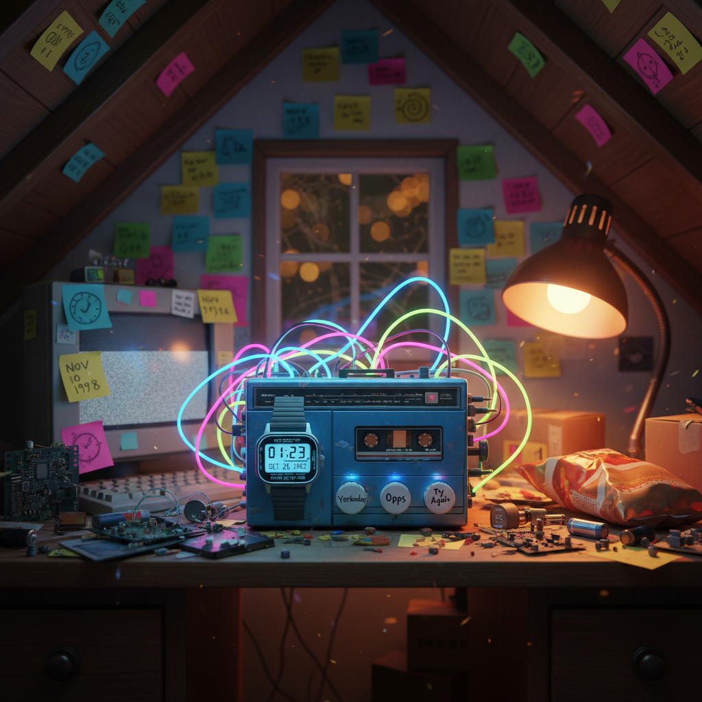 A small, cluttered desk in a cozy attic nook holds a surprisingly high-tech device cobbled together from a retro cassette player, glowing neon wires, and a digital wristwatch fused into the front. The buttons are labeled in hand-written marker: "Yesterday", "Oops", and "Try Again". Colorful sticky notes with scribbled dates and doodles cling to the walls and the monitor of an old chunky computer nearby. Cool bluish light from the device’s LEDs mixes with warm lamplight from a desk lamp, creating a contrasting, magical glow. Photographic realism shot from a low, close-up perspective with shallow depth of field, focusing on the improvised time gadget while the attic beams and cardboard boxes melt into soft bokeh, suggesting playful experimentation with time travel.